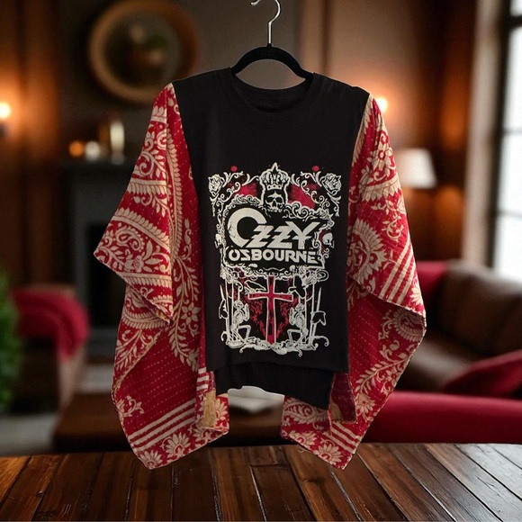 OZZY OSBOURNE BAND T with Kantha Sleeves.  Boho Handmade OS 🌸 one of a kind - Picture 1 of 3